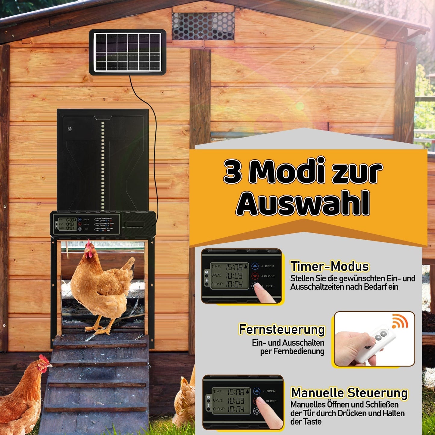 Elektrische Hühnerklappe Solar mit LED Display und Fernbedienung | Brehn