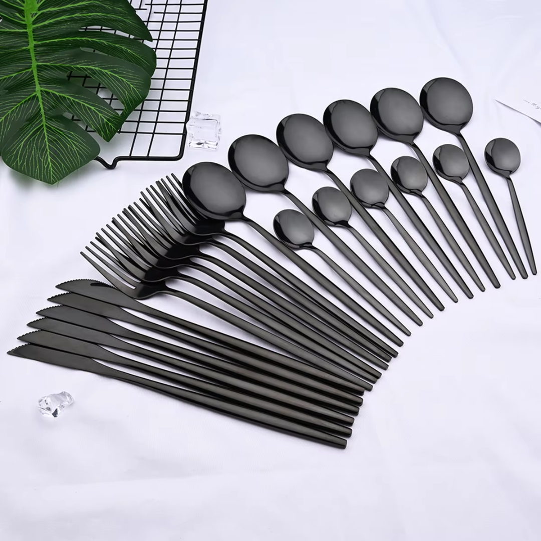 Luxuriöses 24-teiliges schwarzes Besteckset – Edelstahl & spülmaschinenfest