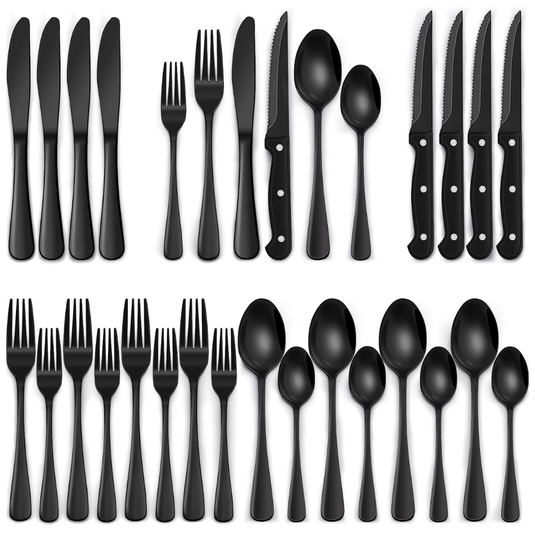 Luxuriöses 24-teiliges schwarzes Besteckset – Edelstahl & spülmaschinenfest