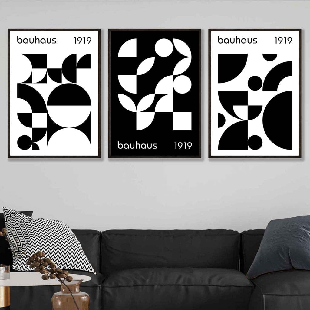 Grafische, geometrische Schwarz-Weiß-Grafiken im Bauhaus-Stil, 3 gerahmte Kunstdrucke