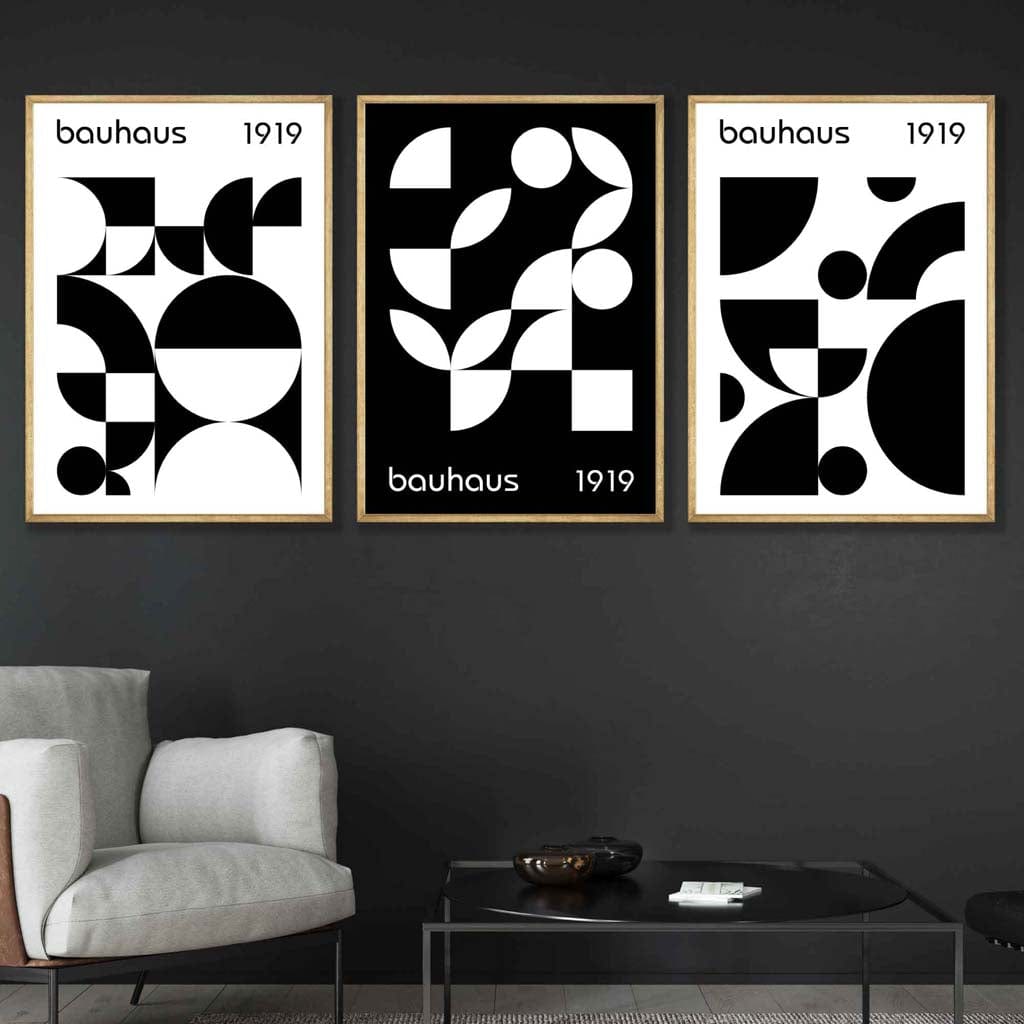 Grafische, schwarz-weiße, geometrische Wandkunst im Bauhaus-Stil, 3er-Set