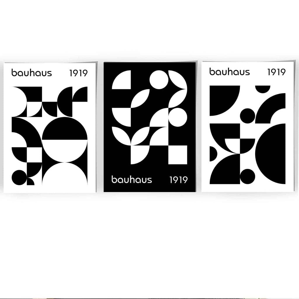 Grafische, schwarz-weiße, geometrische Wandkunst im Bauhaus-Stil, 3er-Set