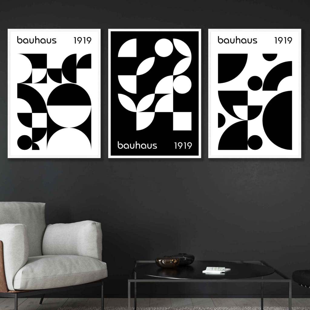 Grafische, geometrische Schwarz-Weiß-Grafiken im Bauhaus-Stil, 3 gerahmte Kunstdrucke