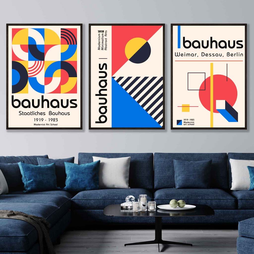 Bauhaus-Muster, rot, blau und gelb, geometrisches Design, 3-teiliges Set gerahmter Kunstdrucke