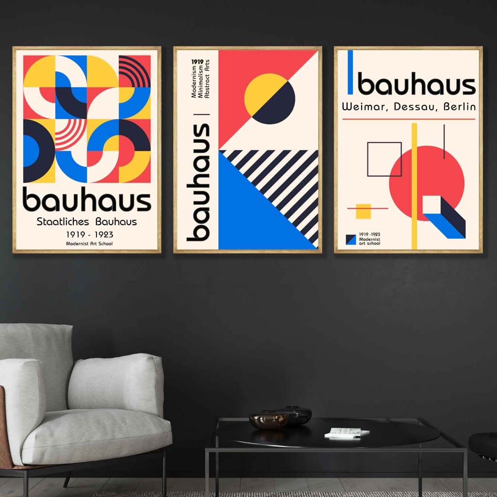 Bauhaus-Stil, Rot, Blau & Gelb, geometrisches 3er-Set Wandbilder