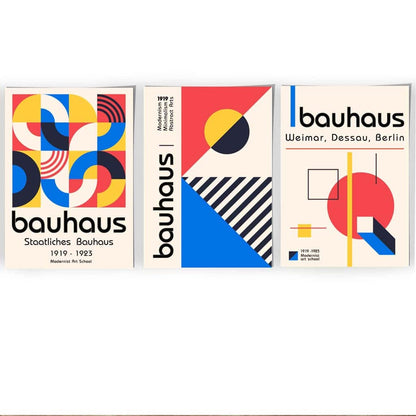 Bauhaus-Stil, Rot, Blau & Gelb, geometrisches 3er-Set Wandbilder