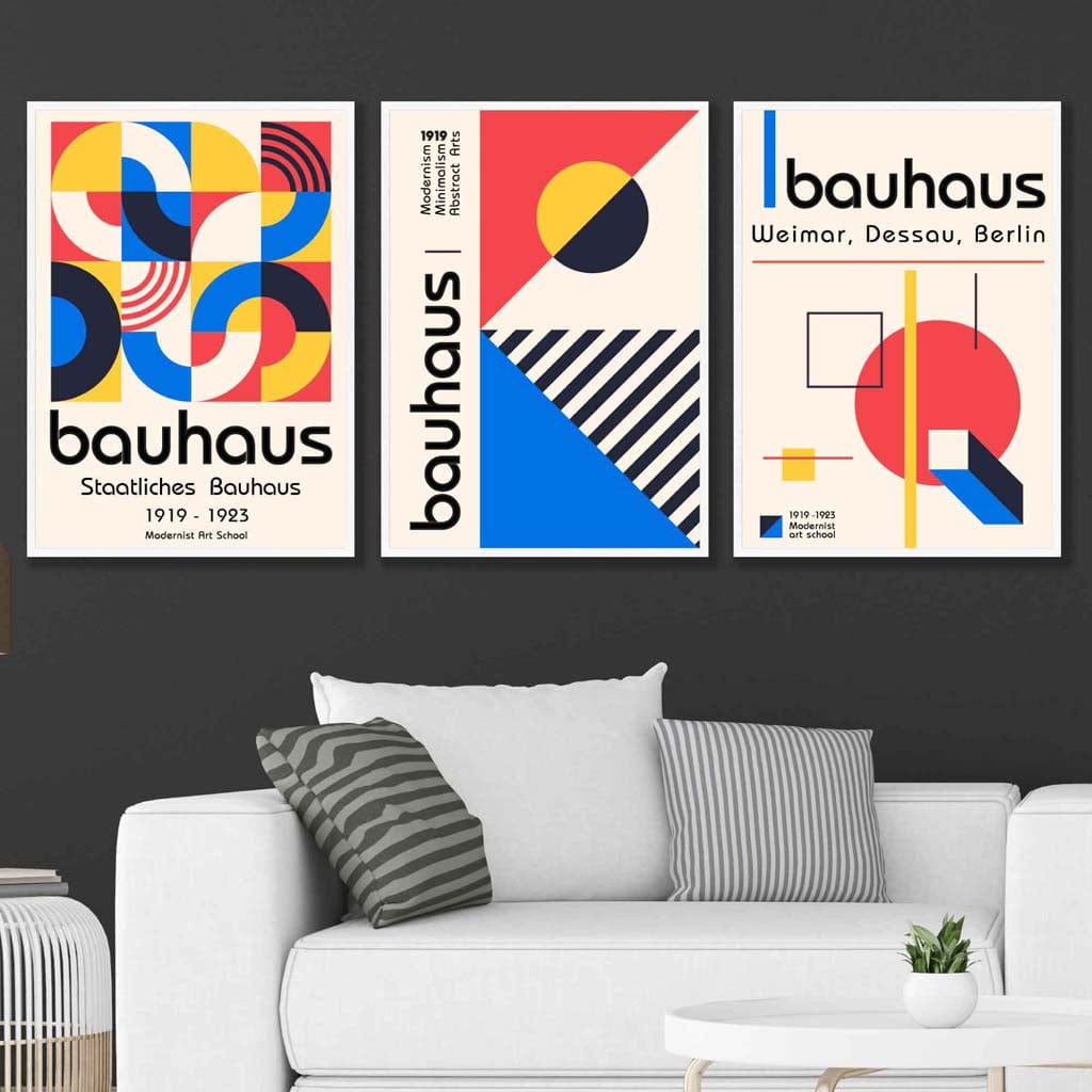 Bauhaus-Stil, Rot, Blau & Gelb, geometrisches 3er-Set Wandbilder