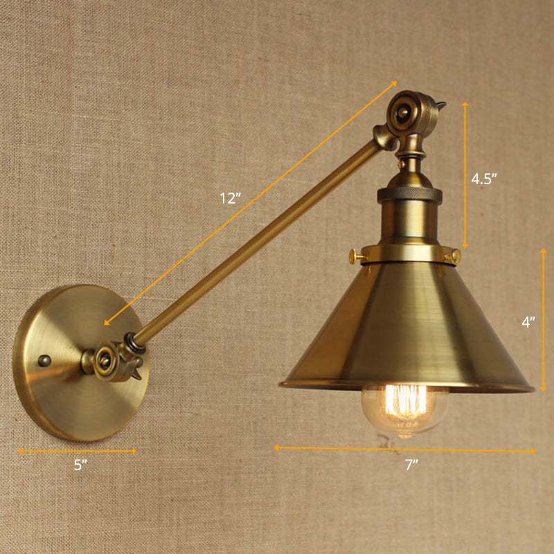 Vintage konische Wandleuchte 1-Lampe Eisen Wandmontierte Lampe in Messing für Schlafzimmer | Brehn