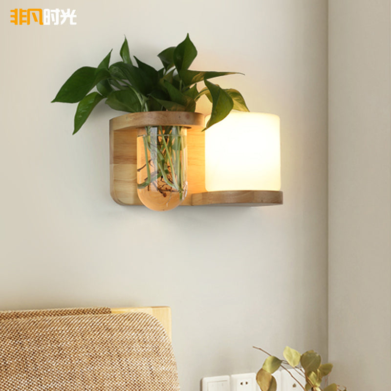 Cream Glas Würfel Wandleuchte Art Deco 1-Glühbirne Holz Wandmontage Licht mit Hydrokultur Pflanzentopf | Brehn