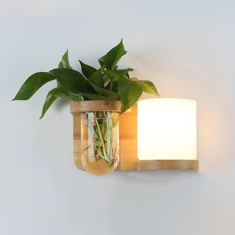 Cream Glas Würfel Wandleuchte Art Deco 1-Glühbirne Holz Wandmontage Licht mit Hydrokultur Pflanzentopf | Brehn