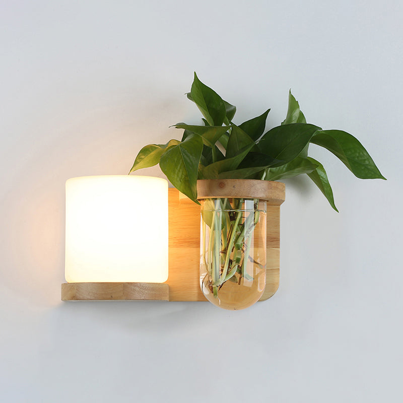 Cream Glas Würfel Wandleuchte Art Deco 1-Glühbirne Holz Wandmontage Licht mit Hydrokultur Pflanzentopf | Brehn