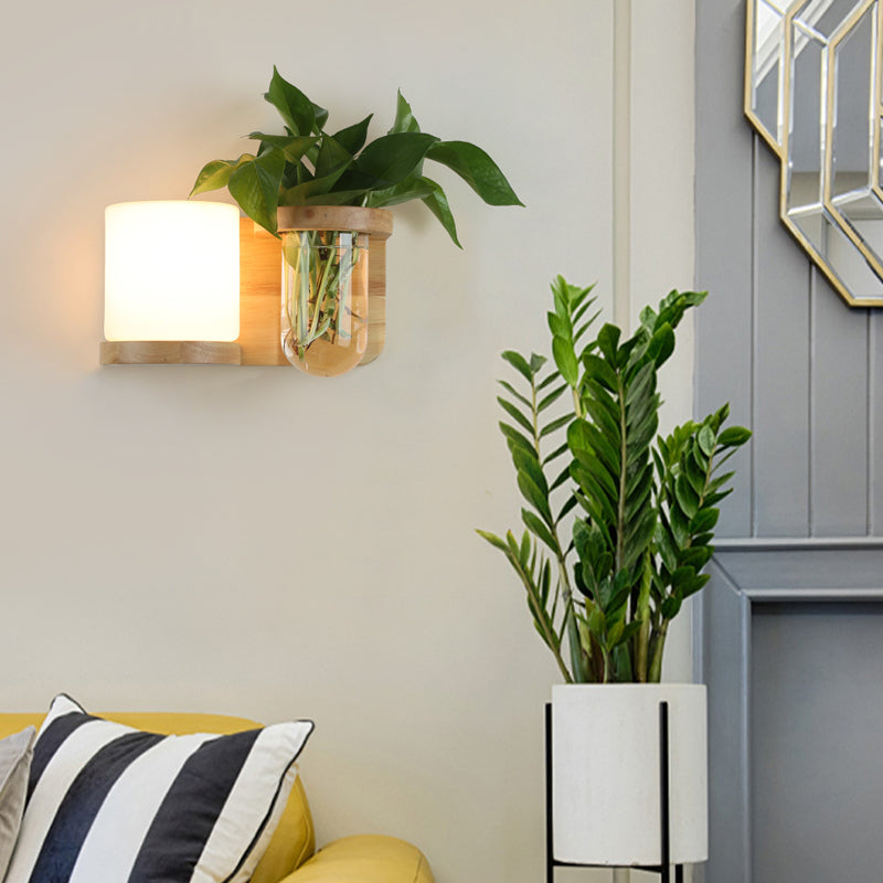 Cream Glas Würfel Wandleuchte Art Deco 1-Glühbirne Holz Wandmontage Licht mit Hydrokultur Pflanzentopf | Brehn