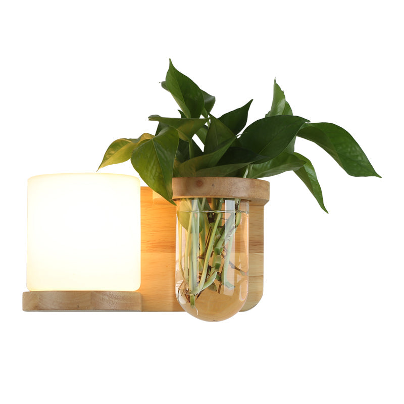 Cream Glas Würfel Wandleuchte Art Deco 1-Glühbirne Holz Wandmontage Licht mit Hydrokultur Pflanzentopf | Brehn