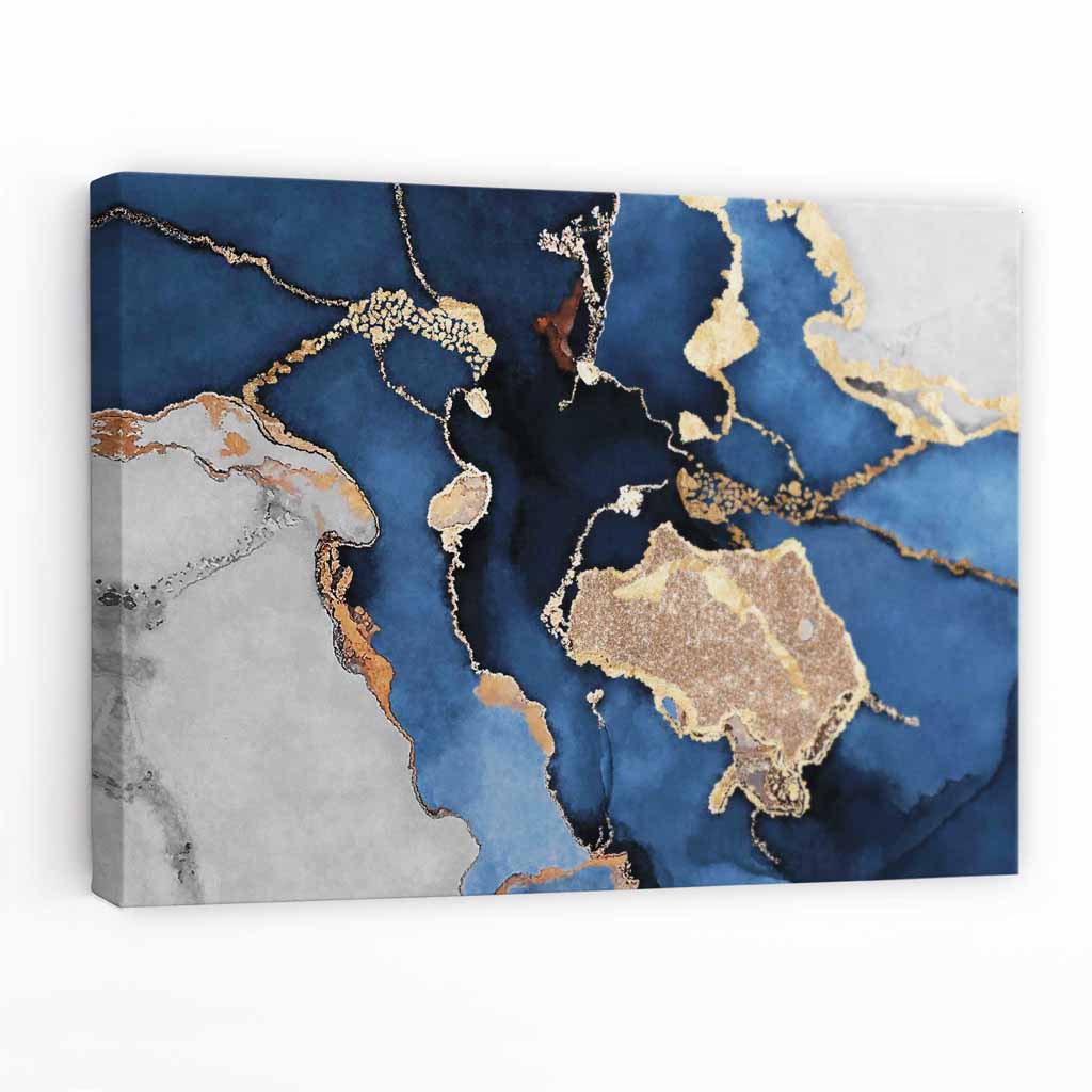 Abstrakter Kunstdruck auf Leinwand in Marineblau, Grau und Gold