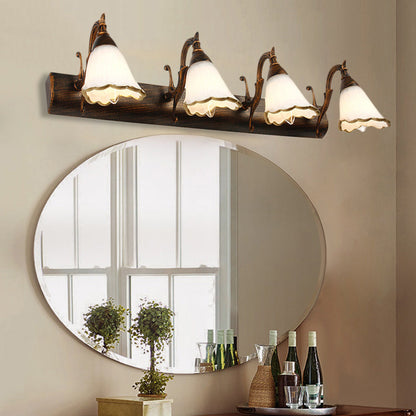 Blumenförmige Badezimmer-Wandleuchte, klassisches Opalglas, 2/3/4 Leuchten, Bronze/Weiß, Schminkbeleuchtung