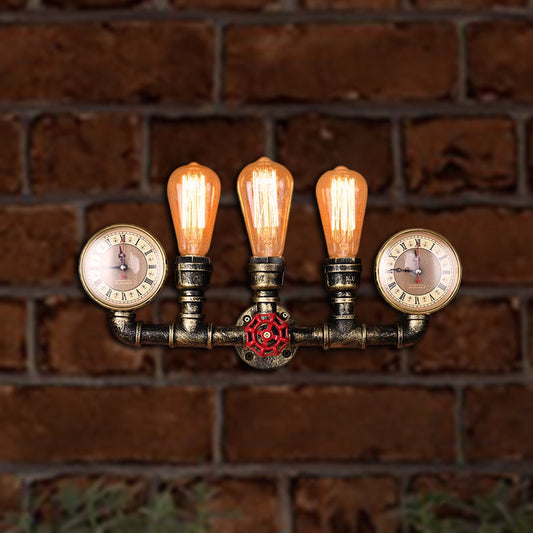 Antik Messing Rohr Wandlampe Rustikal Stilvoll 3 Köpfe Schmiedeeisen Wandlampenarmatur mit Manometer und Ventil Dekoration