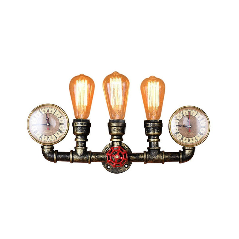 Antik Messing Rohr Wandlampe Rustikal Stilvoll 3 Köpfe Schmiedeeisen Wandlampenarmatur mit Manometer und Ventil Dekoration