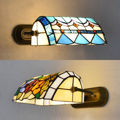 Banker Wandleuchte Retro-Stil Buntglas 1 Licht Wandmontage Leuchte in Beige/Blau für Nachttisch | Brehn