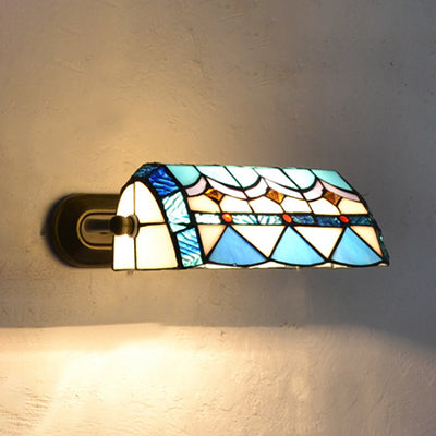Banker Wandleuchte Retro-Stil Buntglas 1 Licht Wandmontage Leuchte in Beige/Blau für Nachttisch | Brehn