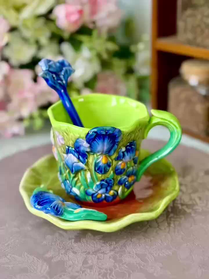 ArtSip Keramiktasse & Untertasse Set – Handgemalte 3D-Design inspiriert von Van Gogh | Brehn