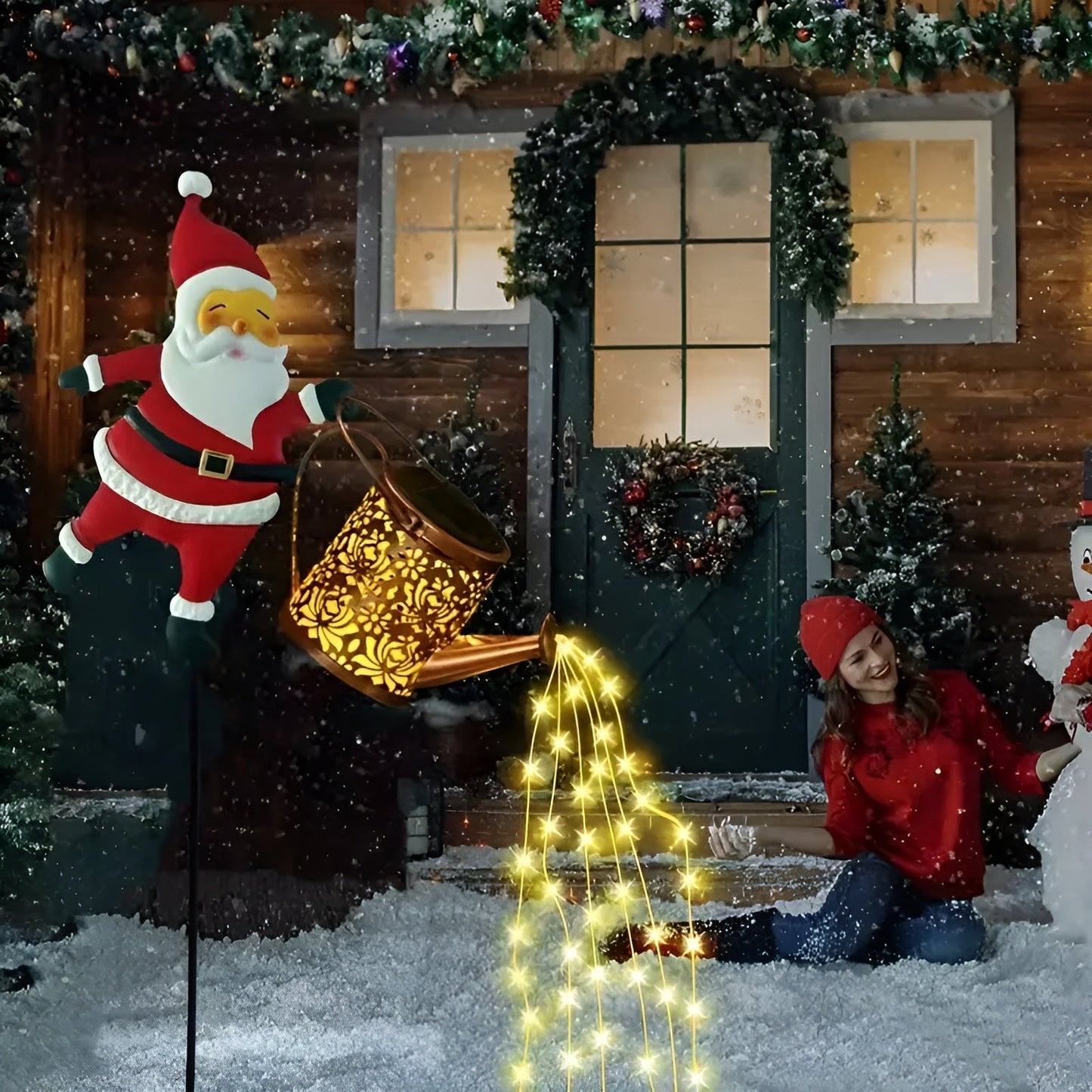 Solarbetriebene Weihnachtsbeleuchtung mit Weihnachtsmann und Laternen – Dekoration für Garten und Terrasse | Warmweiß und farbig, batterielos