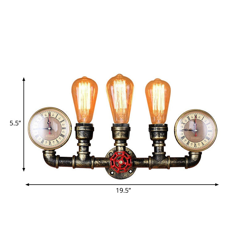 Antik Messing Rohr Wandlampe Rustikal Stilvoll 3 Köpfe Schmiedeeisen Wandlampenarmatur mit Manometer und Ventil Dekoration