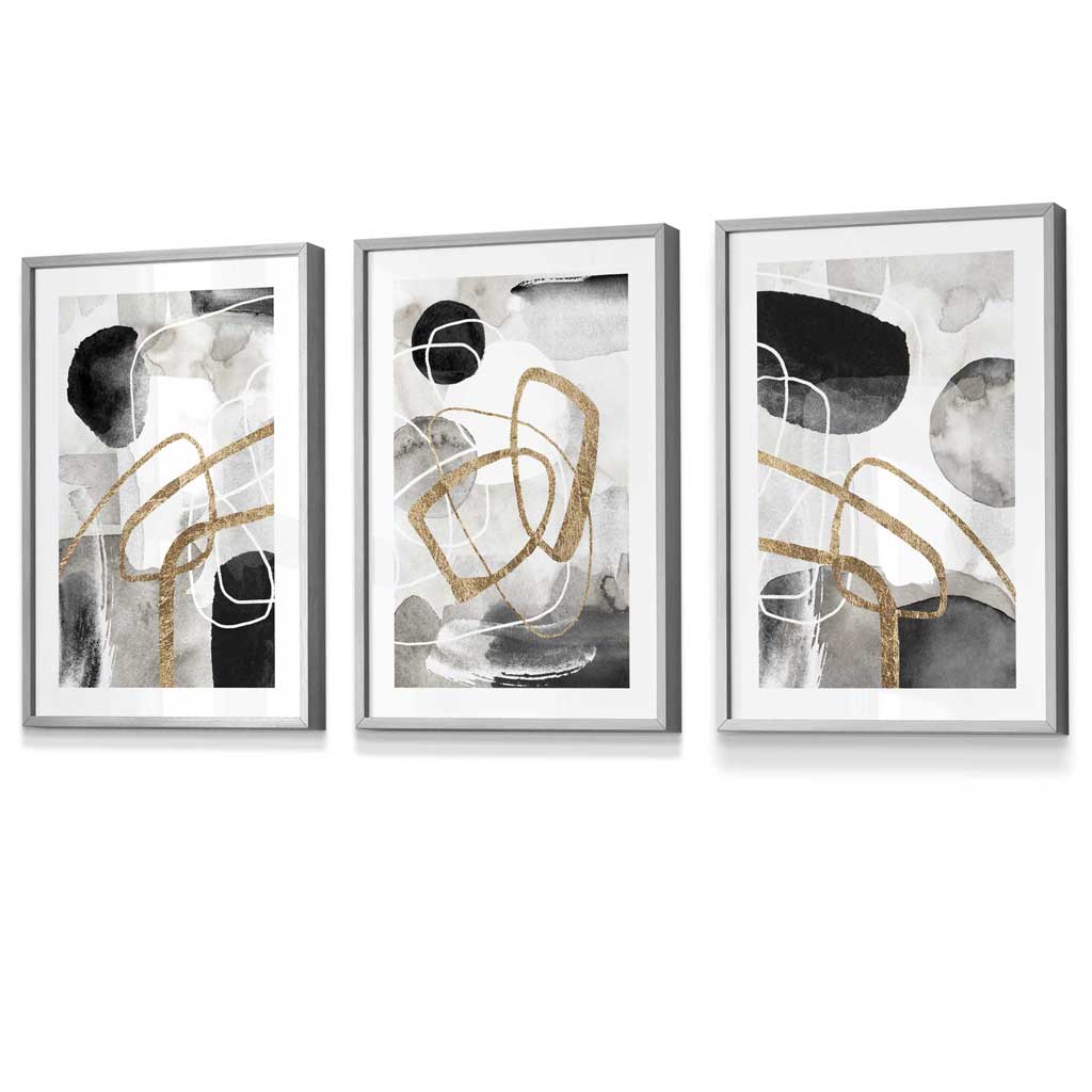 Abstrakte schwarze, graue und goldene Formen, Set aus 3 gerahmten Wandbildern