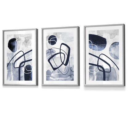 Abstrakte marineblaue Formen, 3er-Set gerahmter Wandbilder