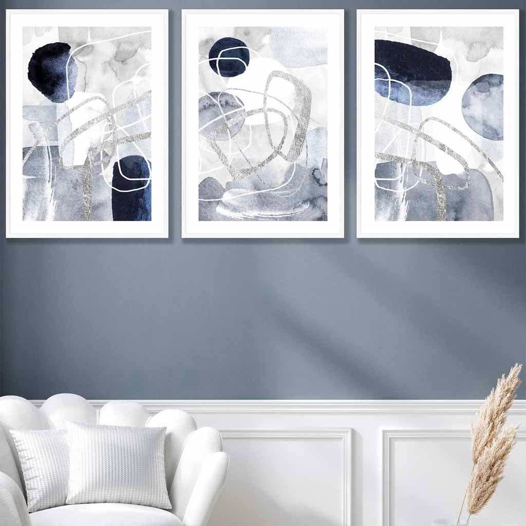 Abstrakte blaue und silberne Formen, 3er-Set Wandbilder