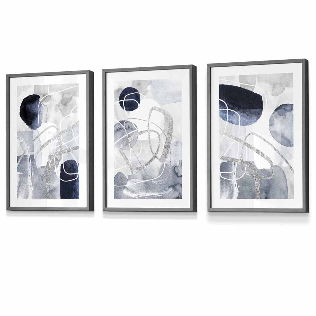 Abstrakte blaue und silberne Formen, 3er-Set Wandbilder