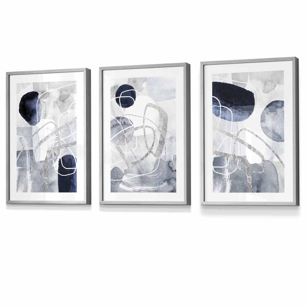Abstrakte blaue und silberne Formen, 3er-Set Wandbilder