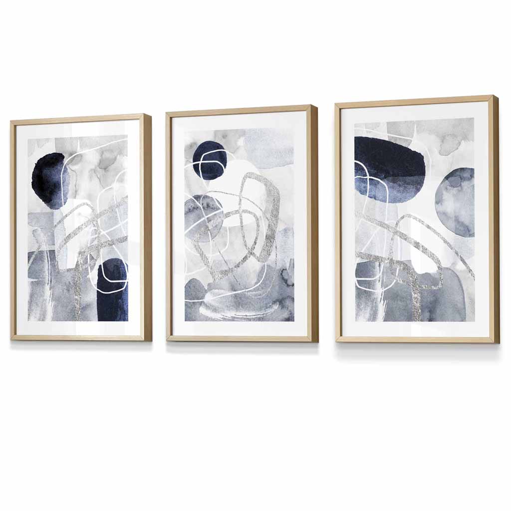 Abstrakte blaue und silberne Formen, 3er-Set Wandbilder