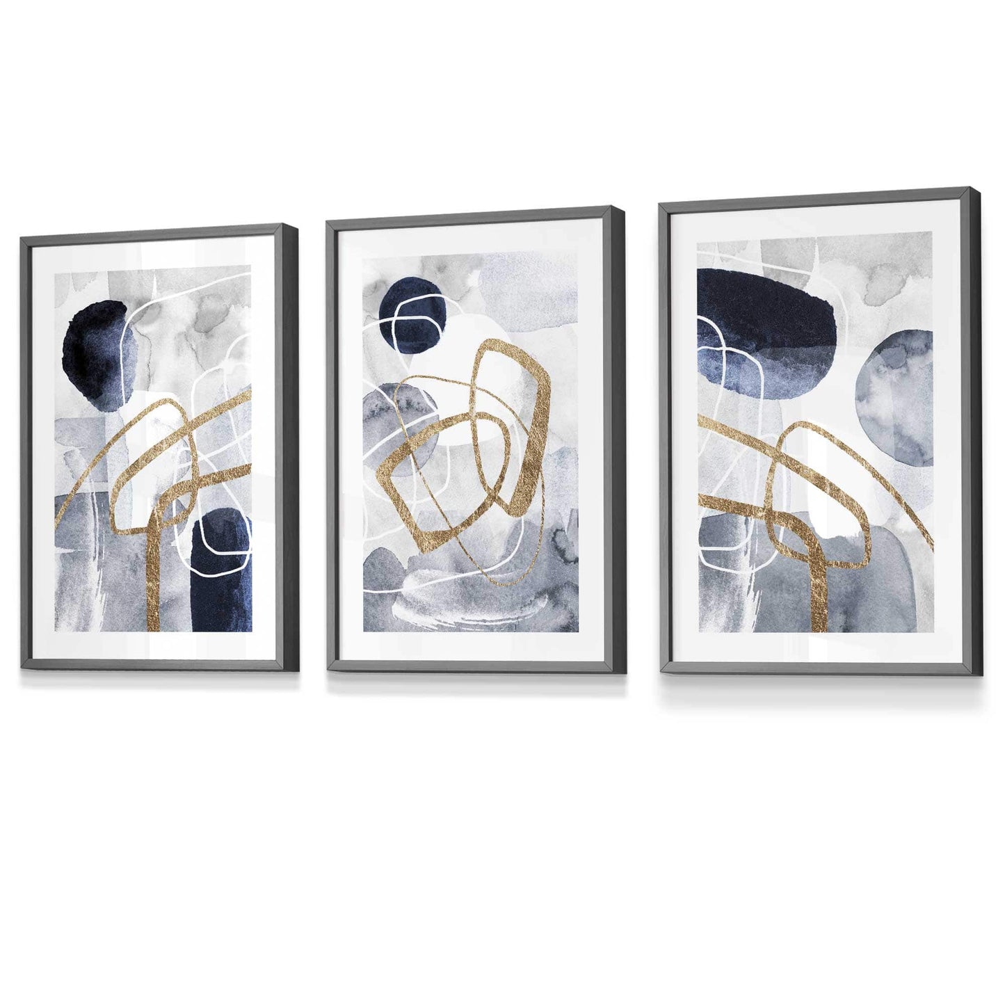 Abstrakte marineblaue und goldene Formen, 3er-Set gerahmte Kunstdrucke