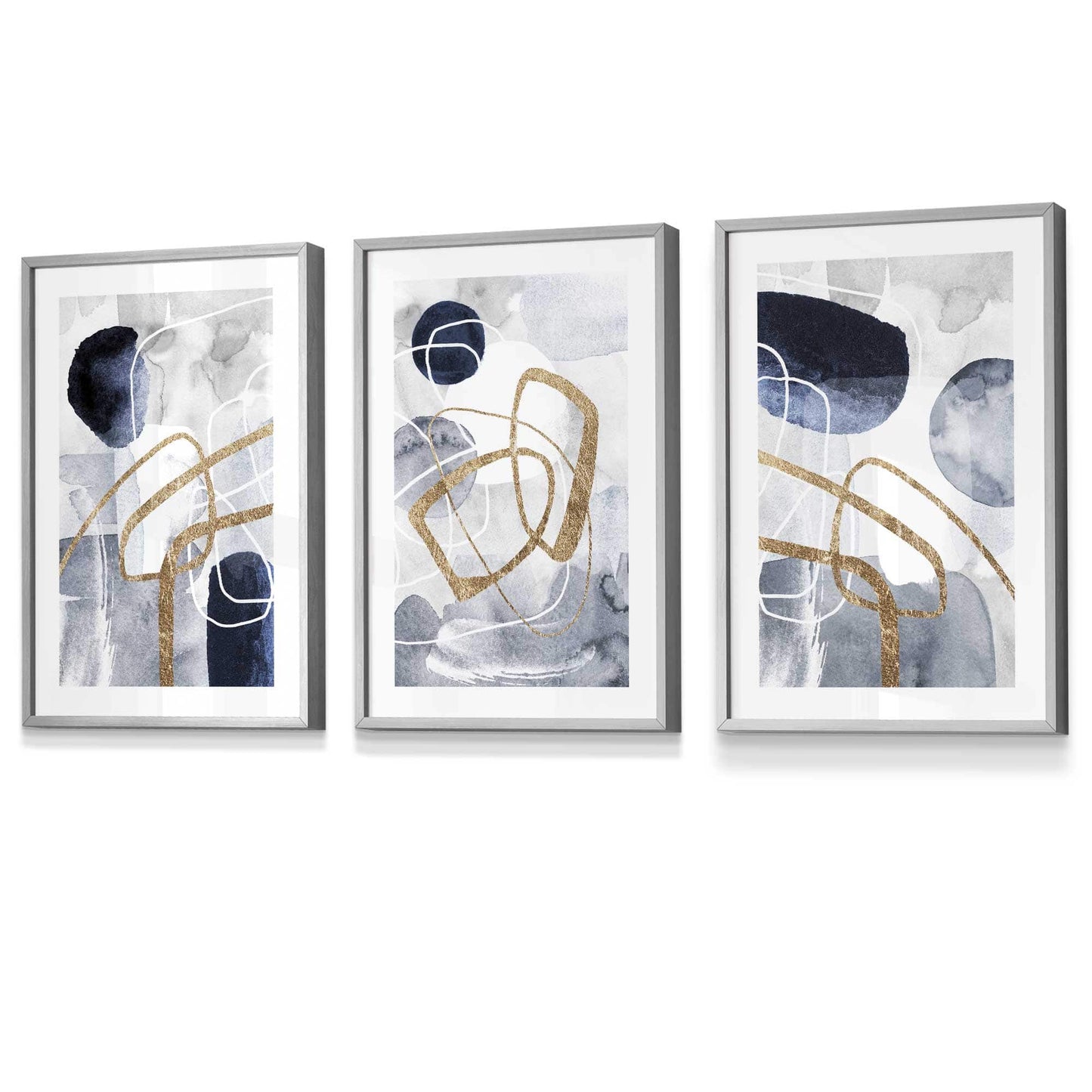 Abstrakte marineblaue und goldene Formen, 3er-Set gerahmte Kunstdrucke