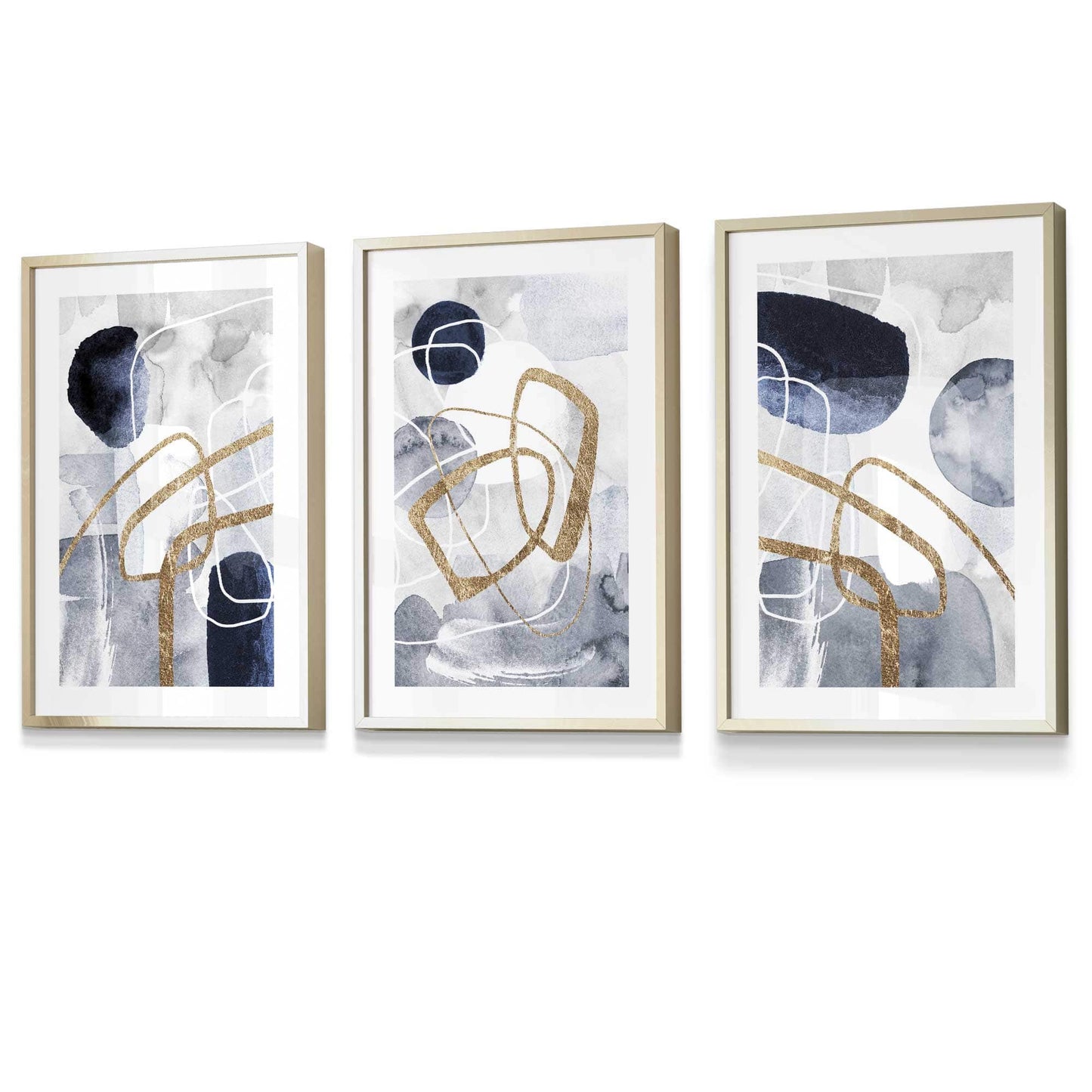 Abstrakte marineblaue und goldene Formen, 3er-Set gerahmte Kunstdrucke