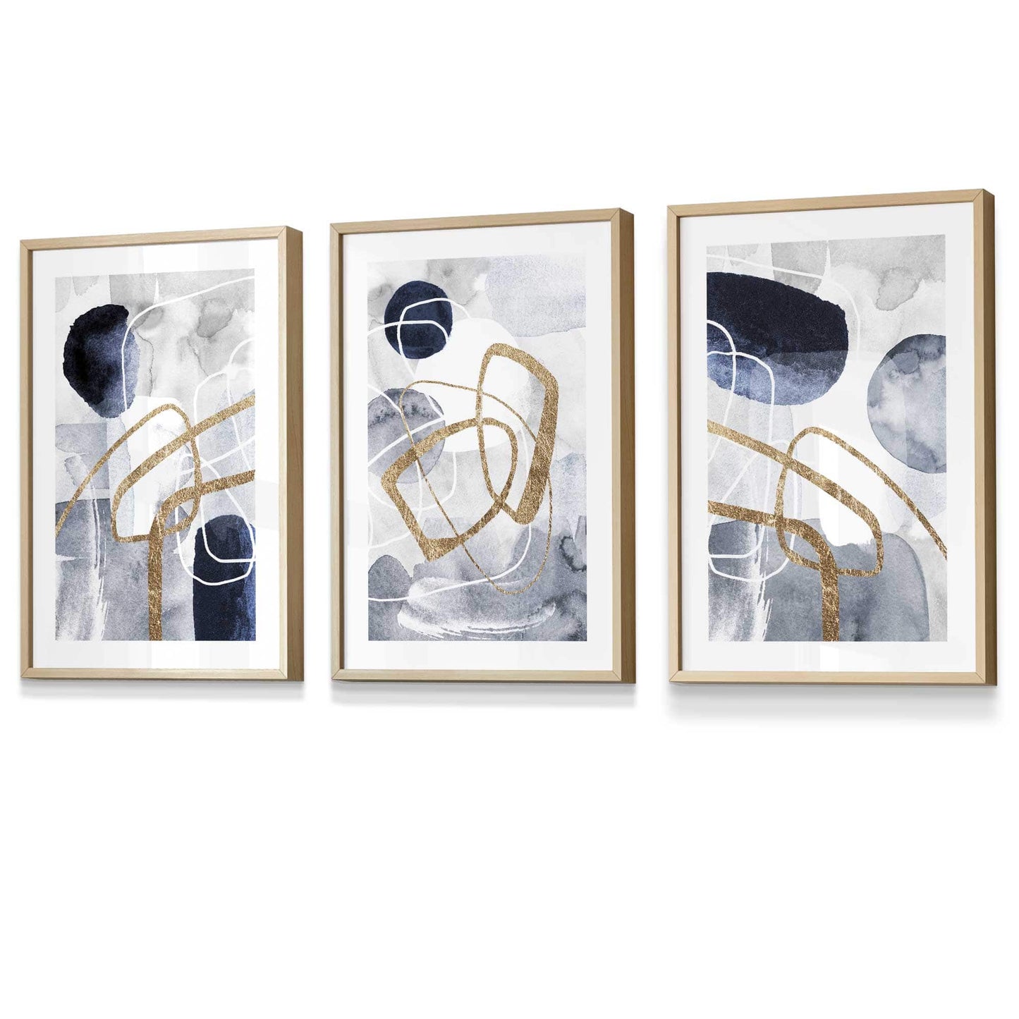 Abstrakte marineblaue und goldene Formen, 3er-Set gerahmte Kunstdrucke