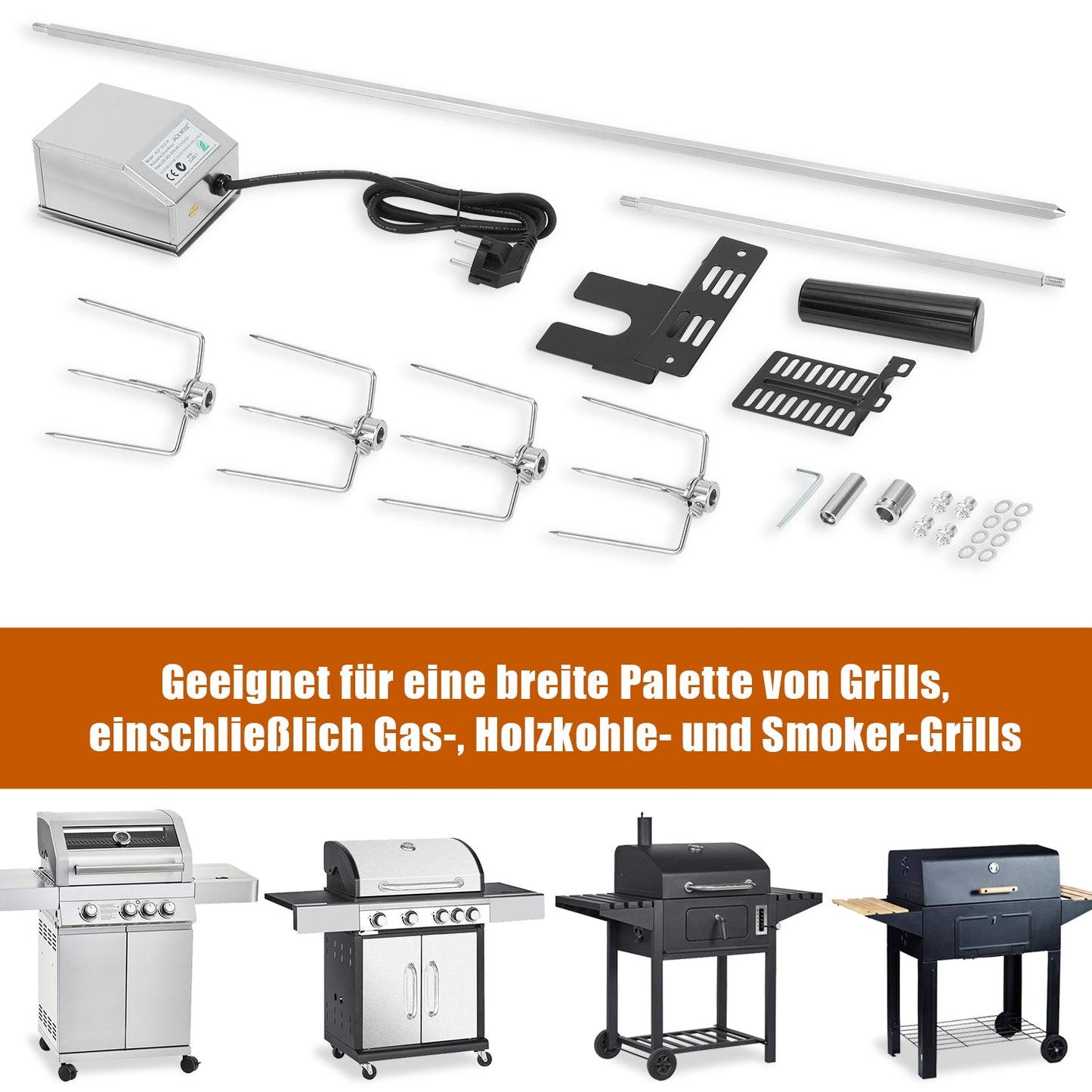 BBQ Grillspieß Edelstahl Motor 4x Fleischnadel | Brehn