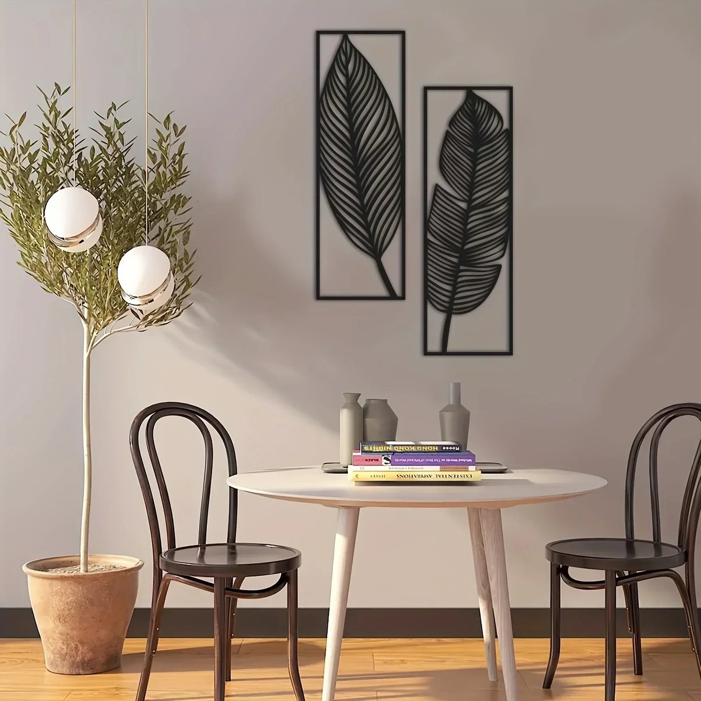 Set aus 2 Stück Blatt-Silhouetten Metall Wandkunst 3D Skulpturierte Eisenhandwerk Blätter Federn Wanddeko für Wohnzimmer Esszimmer Garten Kreative Nordische Wohnkultur