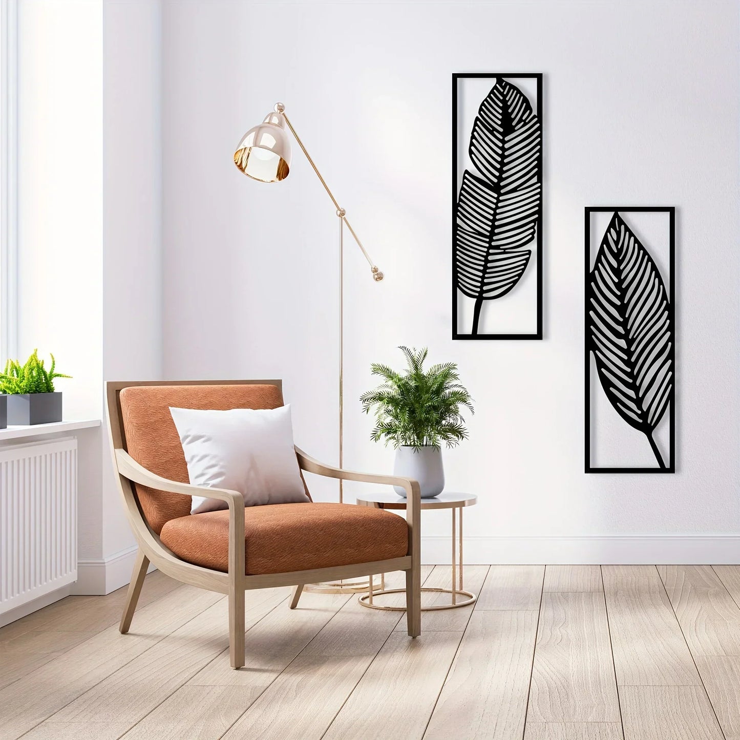 Set aus 2 Stück Blatt-Silhouetten Metall Wandkunst 3D Skulpturierte Eisenhandwerk Blätter Federn Wanddeko für Wohnzimmer Esszimmer Garten Kreative Nordische Wohnkultur