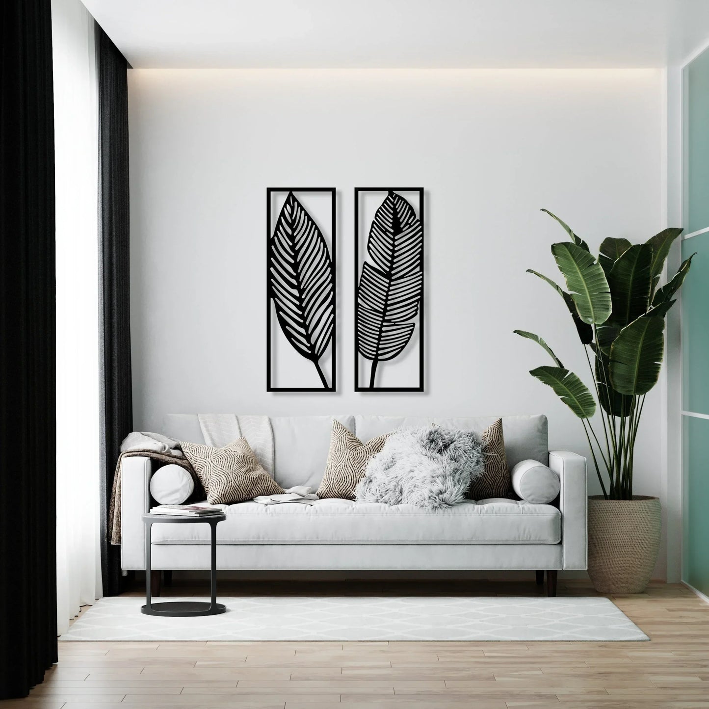 Set aus 2 Stück Blatt-Silhouetten Metall Wandkunst 3D Skulpturierte Eisenhandwerk Blätter Federn Wanddeko für Wohnzimmer Esszimmer Garten Kreative Nordische Wohnkultur