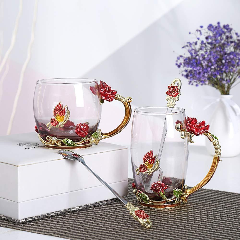 Teeservice aus emailliertem Rosenglas (mit Löffel)