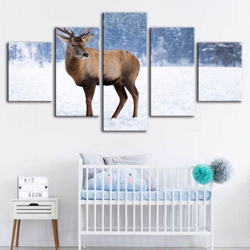5-teilige verschneite Landschaft Reh - Leinwand Wandkunst Malerei
