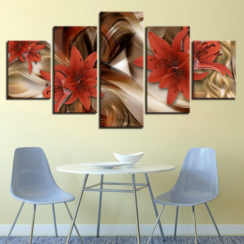 5-teilige goldene Hintergrund rote Blume - Leinwand Wandkunst Malerei