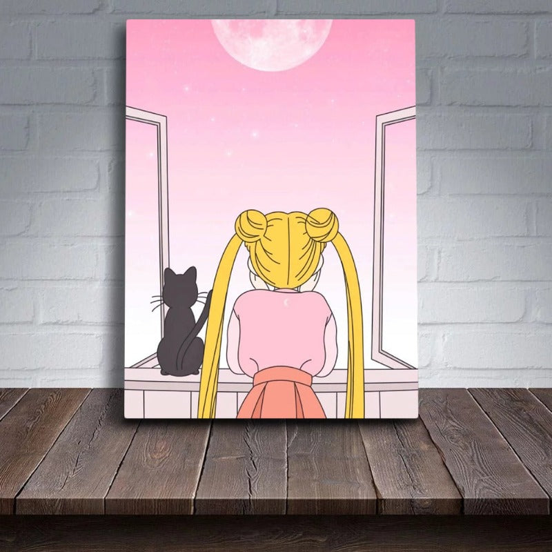 Mädchen Und Ihr Mond Katze - Leinwand Wandkunst Gemälde