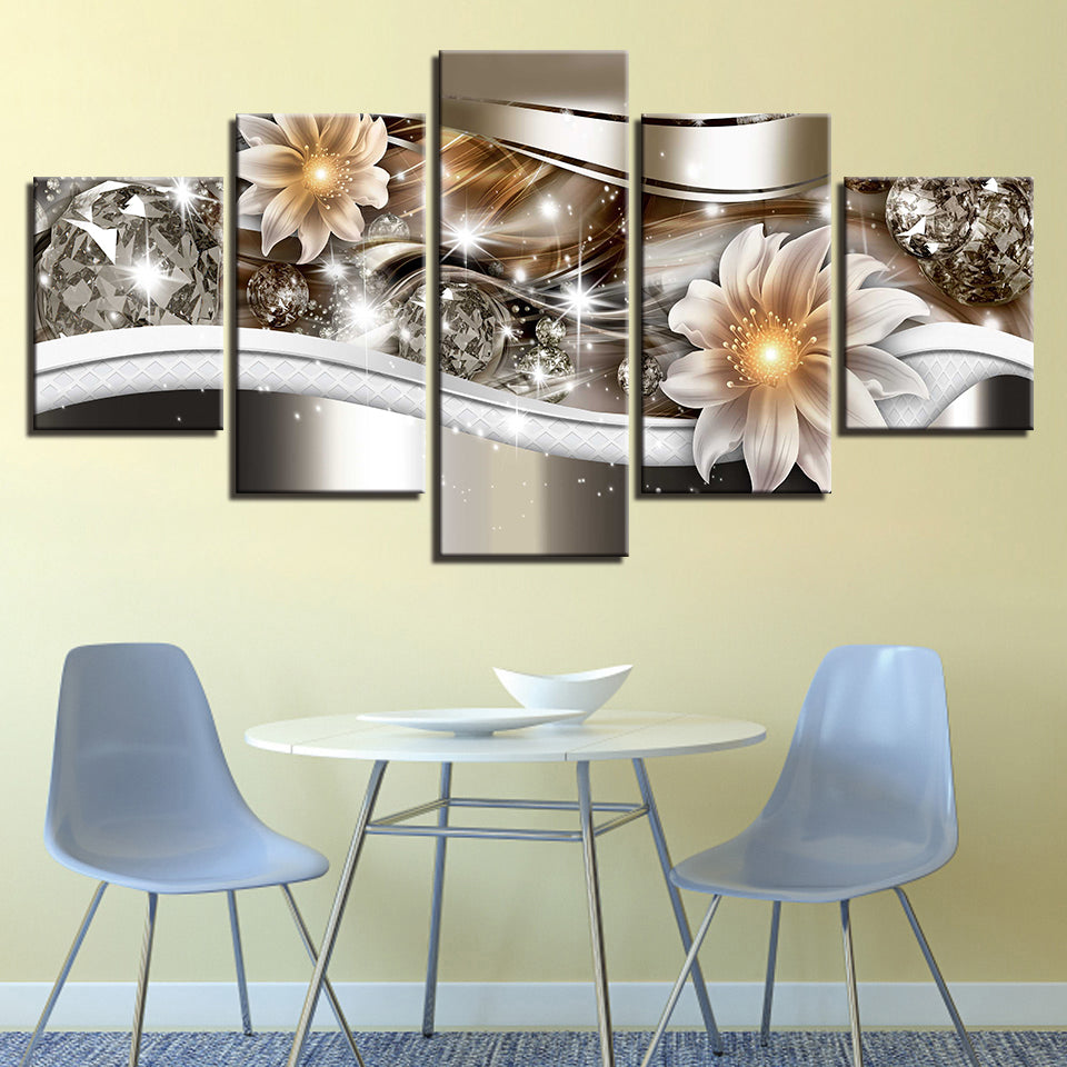 Leuchtende Funkelnde Blumen 5 Teilig - Leinwand Wandkunst Gemälde