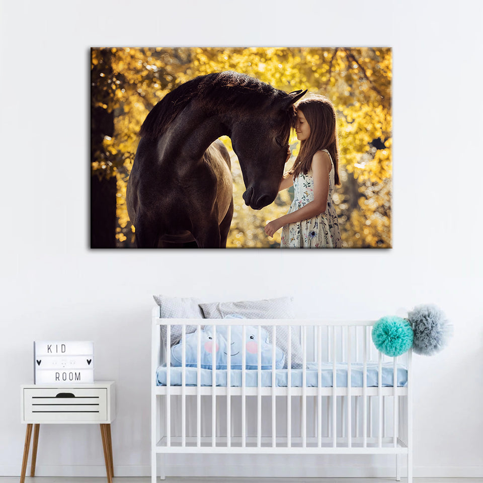 Freundschaft zwischen einem Mädchen und einem Pferd - Leinwand Wandkunst Malerei