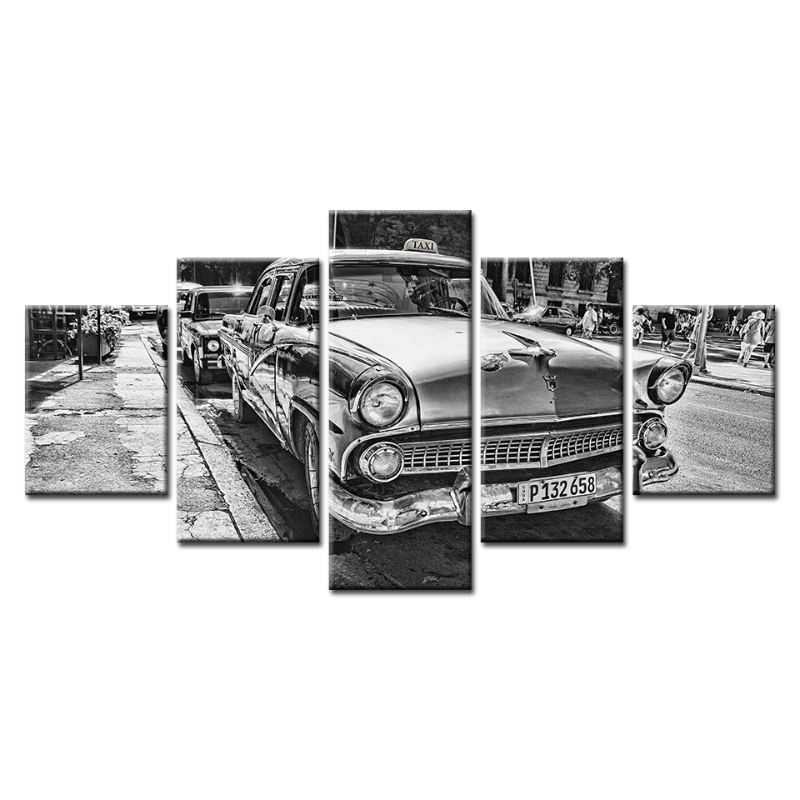 5-teiliges Schwarz-Weiß Vintage-Auto - Leinwand Wandkunst Gemälde