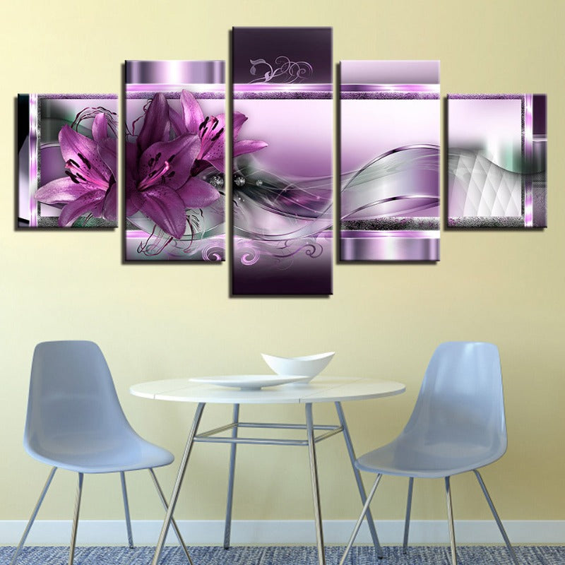 5-teiliges Lila Tulpenblumen - Leinwand Wandkunst Gemälde