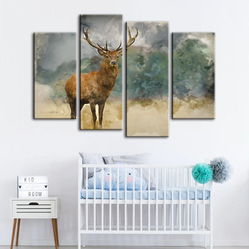 4-teilige Aquarell Ebenholz Hirsch - Leinwand Wandkunstmalerei
