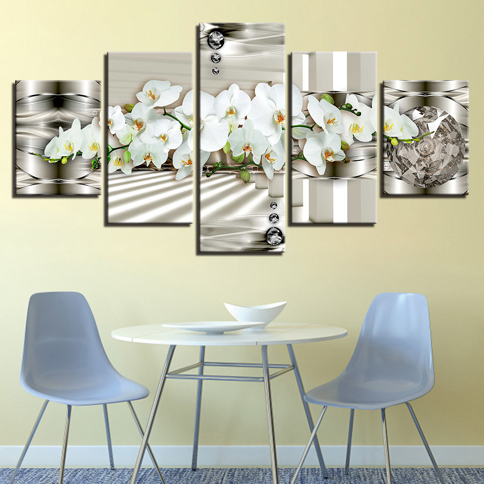 5 Stück Weiß Metallic Hintergrund Blume - Leinwand Wandkunst Gemälde